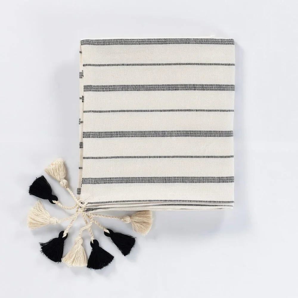 Large off-white & Black striped Turkish Cotton tasseled throw by Cotton & Olive